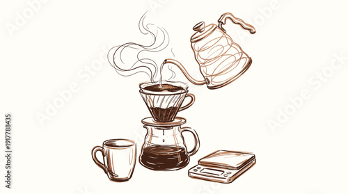 Coffee Pour over Brewing Method with Kettle Dripper Server Mug and Scale Sketch Illustration