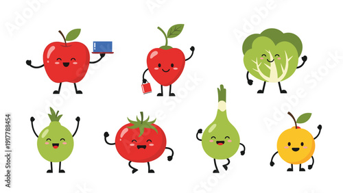 Collection of adorable cartoon fruits and vegetables like apple, tomato, and lettuce featuring happy faces and playful poses.