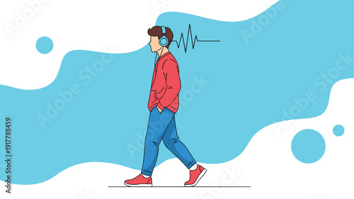 Profile view of a young man wearing headphones and a red hoodie walking against an abstract blue background with a sound wave.