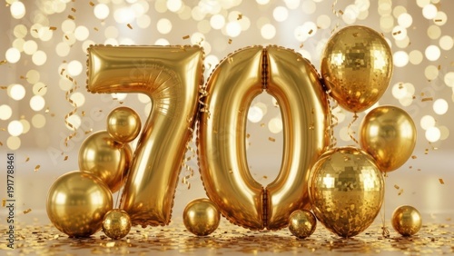 Golden Number 70 Balloons and Confetti Celebration.