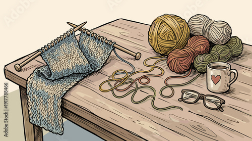 Cozy Table Scene with Knitting Project Yarn Balls Coffee Mug and Reading Glasses