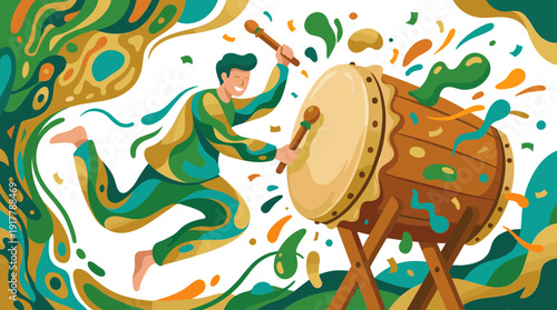 Drummer Plays Traditional Drum with Joyful Expression Amidst Abstract Festive Background Vector Illustration