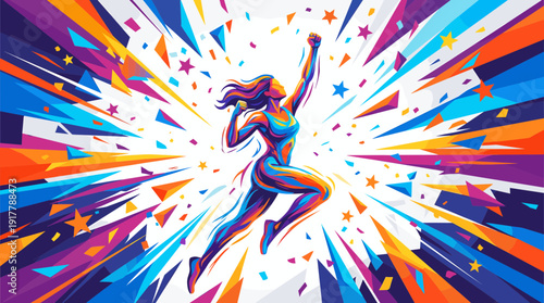 Energetic Abstract Illustration of a Triumphant Female Figure with Colorful Geometric Explosion