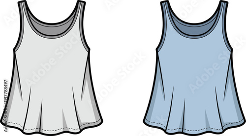 Sleeveless tank top vector illustration set, women casual blouse mockup, fashion flat design, isolated white background clothing template