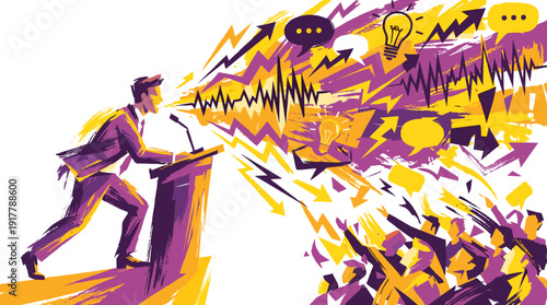Public Speaking Event with Abstract Purple and Yellow Graphics Representing Ideas and Audience Engagement