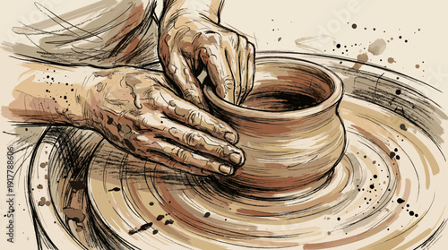 Pottery Hands Shaping Clay on a Spinning Wheel Creating a Beautiful Handmade Ceramic Pot Artistic Process