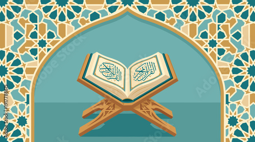 Quran Holy Book on Rehal Stand with Intricate Islamic Geometric Pattern Archway Vector Illustration