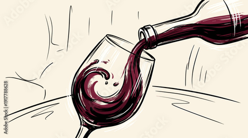Wine Pouring into a Glass with a Dynamic Red Liquid Swirl from a Bottle an Artistic Illustration