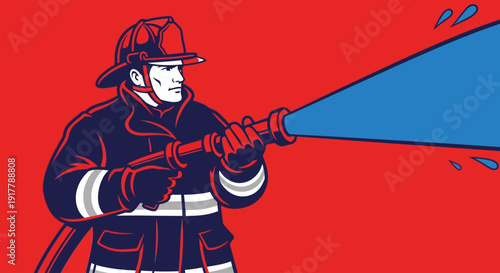 Firefighter spraying water from hose against red background, vector illustration