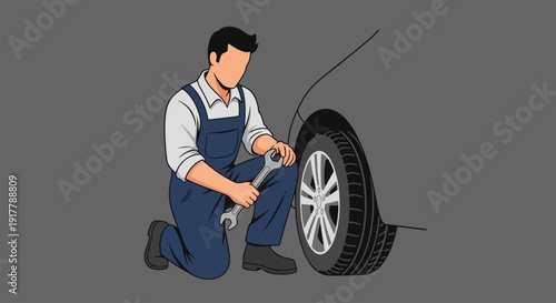 Mechanic performing tire change on a car with wrench