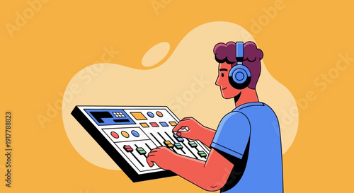 Young man wearing headphones enthusiastically mixing music on a professional sound board for a vibrant audio experience