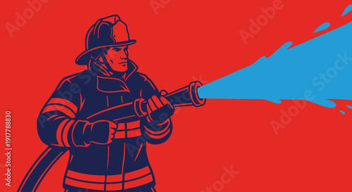 Firefighter Spraying Water From A Hose During A Firefighting Operation