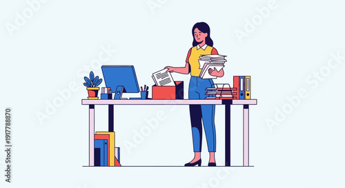Professional Woman Efficiently Organizing Files and Documents at Her Office Desk, Enhancing Workflow and Productivity