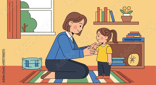 A caring adult helping a child get dressed at home, illustration