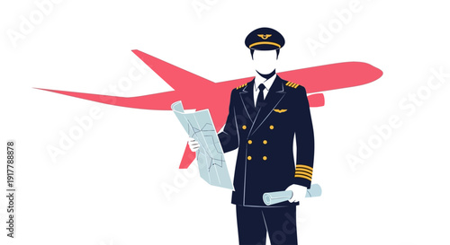 Professional airline pilot standing with flight documents, an aviation expert with an airplane silhouette in the background, symbolizing global travel and career