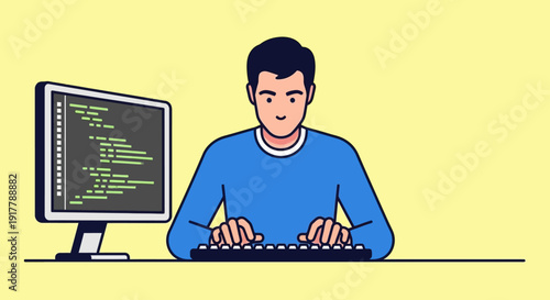 Young male programmer coding on a desktop computer, focused on software development and digital technology