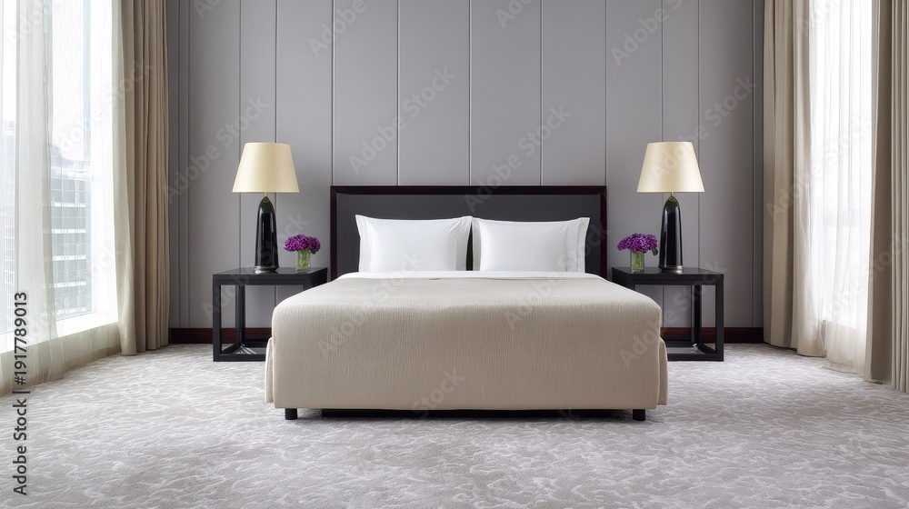 Fototapeta premium Elegant and Modern Hotel Bedroom with Cozy Queen-Sized Bed and Stylish Lamps in a Bright and Inviting Space with Large Windows and Soft Drapes