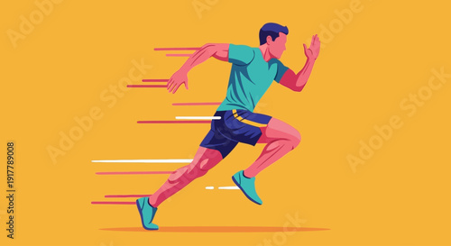 Illustration of a man running fast with motion blur effect on a yellow background