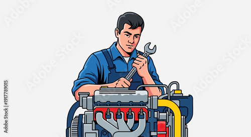 Mechanic holding a wrench examining a car engine in a workshop