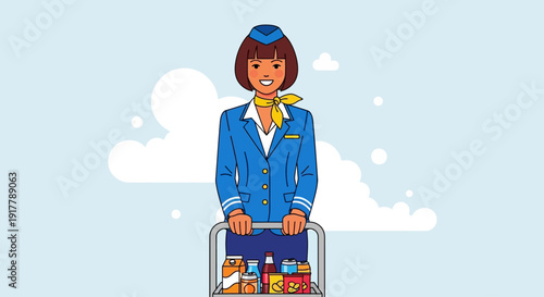 Professional airline attendant with service cart full of drinks and snacks