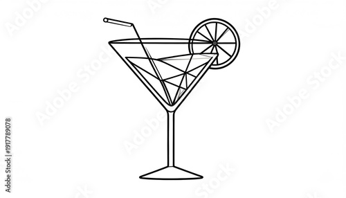 Geometric Martini: A Minimalist Line Art Cocktail with Citrus Slice and Straw