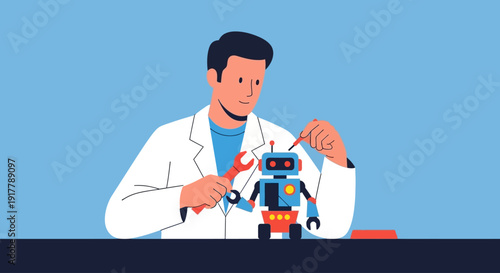 Man in lab coat fixing a small blue robot with a wrench, illustration for technology and engineering