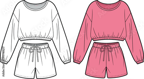 Women cropped sweatshirt and shorts vector illustration set, casual lounge outfit mockup, cozy homewear fashion design, isolated white background
