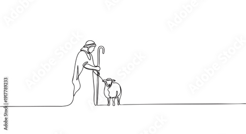Minimalist illustration of a shepherd holding a crook next to a sheep. Single black line drawing. Simple biblical concept. Use for religion, faith, or minimalism themed designs.