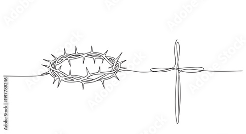 Elegant single line drawing of the crown of thorns and a Christian cross, symbolizing faith and sacrifice. Suitable for Easter, Lent, or religious projects.