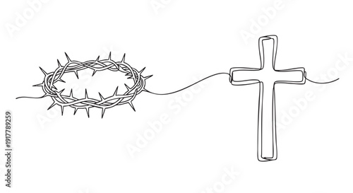 Minimalist continuous line drawing illustration of the Crown of Thorns connected to the Cross. Symbol of Christianity, Easter, Lent, or Jesus Christ.