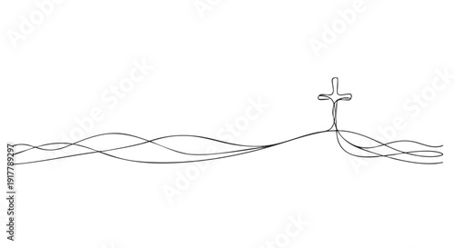 Simple one-line drawing of a Christian cross. Use for religious holidays, Easter, or faith-based designs. Clean, modern, and symbolic.