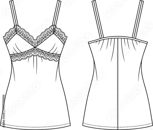 Women lace camisole technical fashion illustration, front and back view lingerie top vector template, sleeveless clothing flat sketch