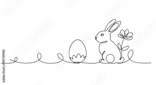 Black outline illustration of a rabbit, egg, and flower in a single line drawing. Simple design, perfect for Easter cards, invitations, or website graphics.
