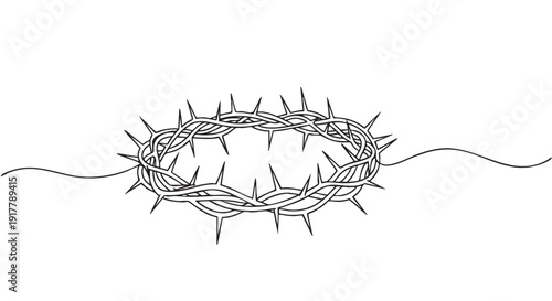 Minimalist line art illustration of the crown of thorns, depicted in black and white. Symbolic imagery suitable for religious themes, Easter, Lent, or spiritual designs.