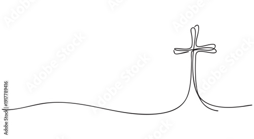 Simple single line drawing of a cross. Clean and minimalist design for religious events, Easter, Good Friday, Church events, or symbolic presentations. White background, empty space.