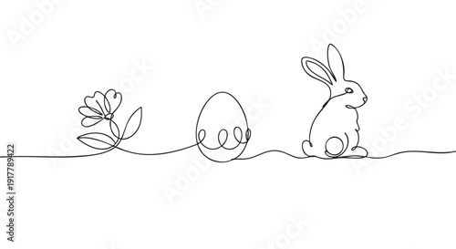Single line drawing of an Easter bunny, egg, and flower. Minimalist illustration perfect for greeting cards, social media, and website designs.