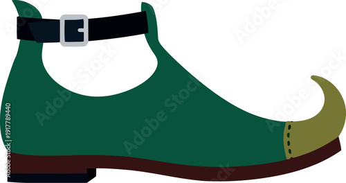 Green Elf Shoe Illustration with Curled Toe and Buckle for Christmas and Fantasy Themes