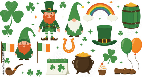 Flat vector illustration set of St. Patrick's Day elements including cute gnomes leprechaun rainbow pot of gold coins horseshoe clover and irish flags.