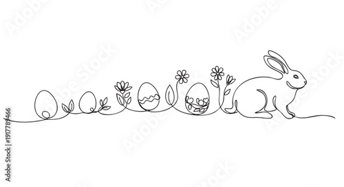 Continuous line drawing of a bunny, Easter eggs, and flowers. Suitable for Easter cards, website headers, social media posts, and minimalist designs.