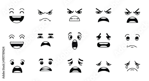 Minimalist Vector Face Icons Set with Diverse Emotions and Facial Expressions