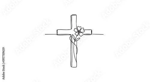 Minimalist one-line drawing of a Christian cross with a flower. Clean and simple design suitable for religious themes, cards, or spiritual designs.