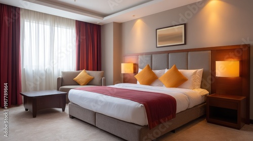 Elegant and Cozy Hotel Room with Modern Decor, Large Window, Soft Lighting, Comfortable Bed, and Cozy Sitting Area in a Luxury Setting
