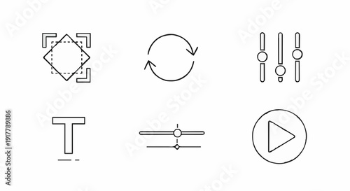 Minimalist line icons for video and photo editing, including crop, rotate, adjustment sliders, text tool, and play button for creative software interface design.