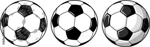 Horizontal set of three soccer balls in sketch, flat, and volumetric vector styles for sports design
