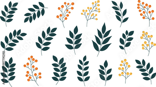 Large botanical set of teal leaf sprigs and orange and yellow berry clusters in flat vector style,