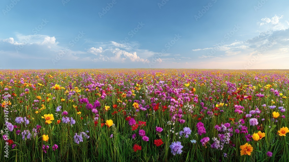 Fototapeta premium Vibrant Wildflower Field Under Clear Blue Sky in Springtime with Colorful Blooms of Pink, Red, Yellow, and Purple in a Scenic Landscape View