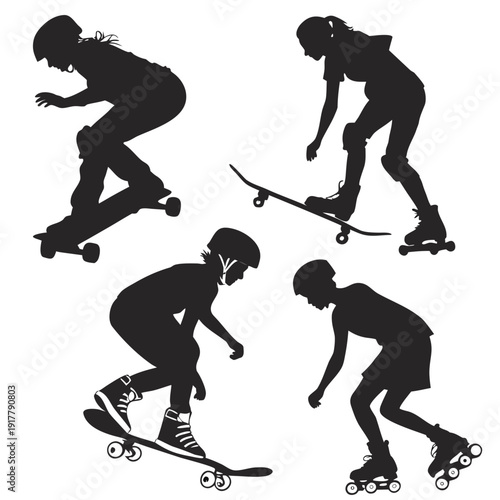 Four silhouettes of kids skateboarding and rollerblading in different positions