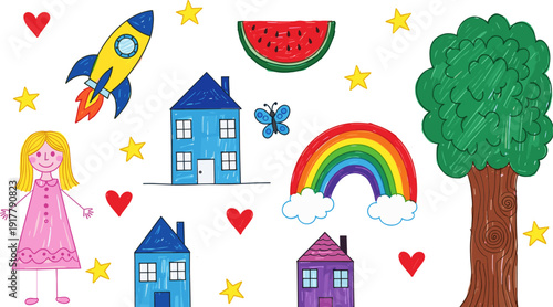 Large hand-drawn crayon doodle set with houses, rocket, rainbow, and characters in flat vector style