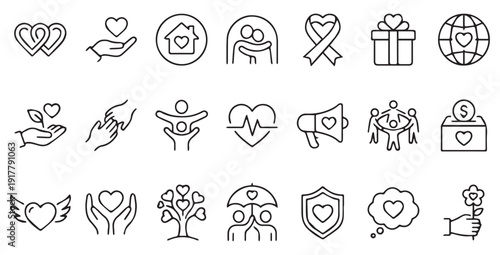 Charity human care outline icons pack. Line signs volunteering and giving, support donation or friendly handshake. Thin vector icons set perfect for web app infographic business social projects.