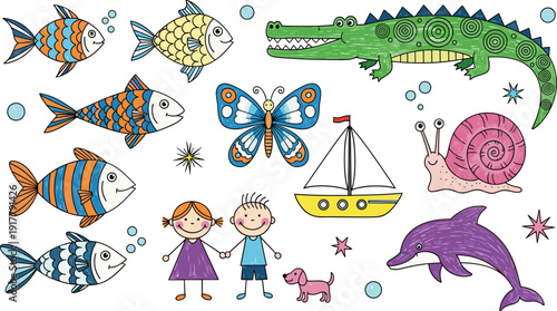 Large set of hand-drawn animal doodles with crocodile, fish, dolphin, and children in flat vector style